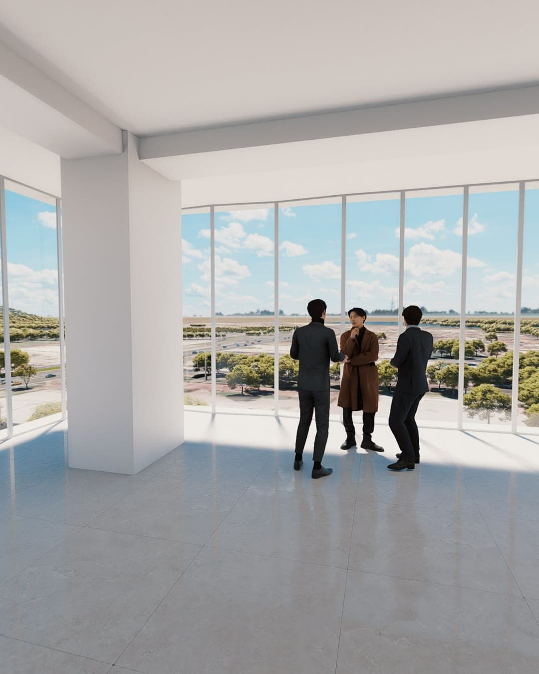 Interior referencial de una oficina corporativa con ventanal amplio y columna estructural