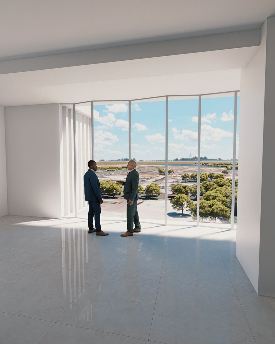 Interior referencial de una oficina ejecutiva con ventanal y personas conversando