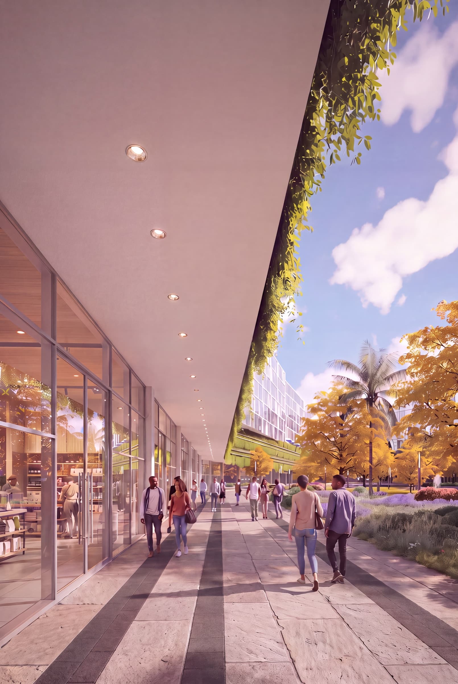 Paseo comercial cubierto con locales, render referencial