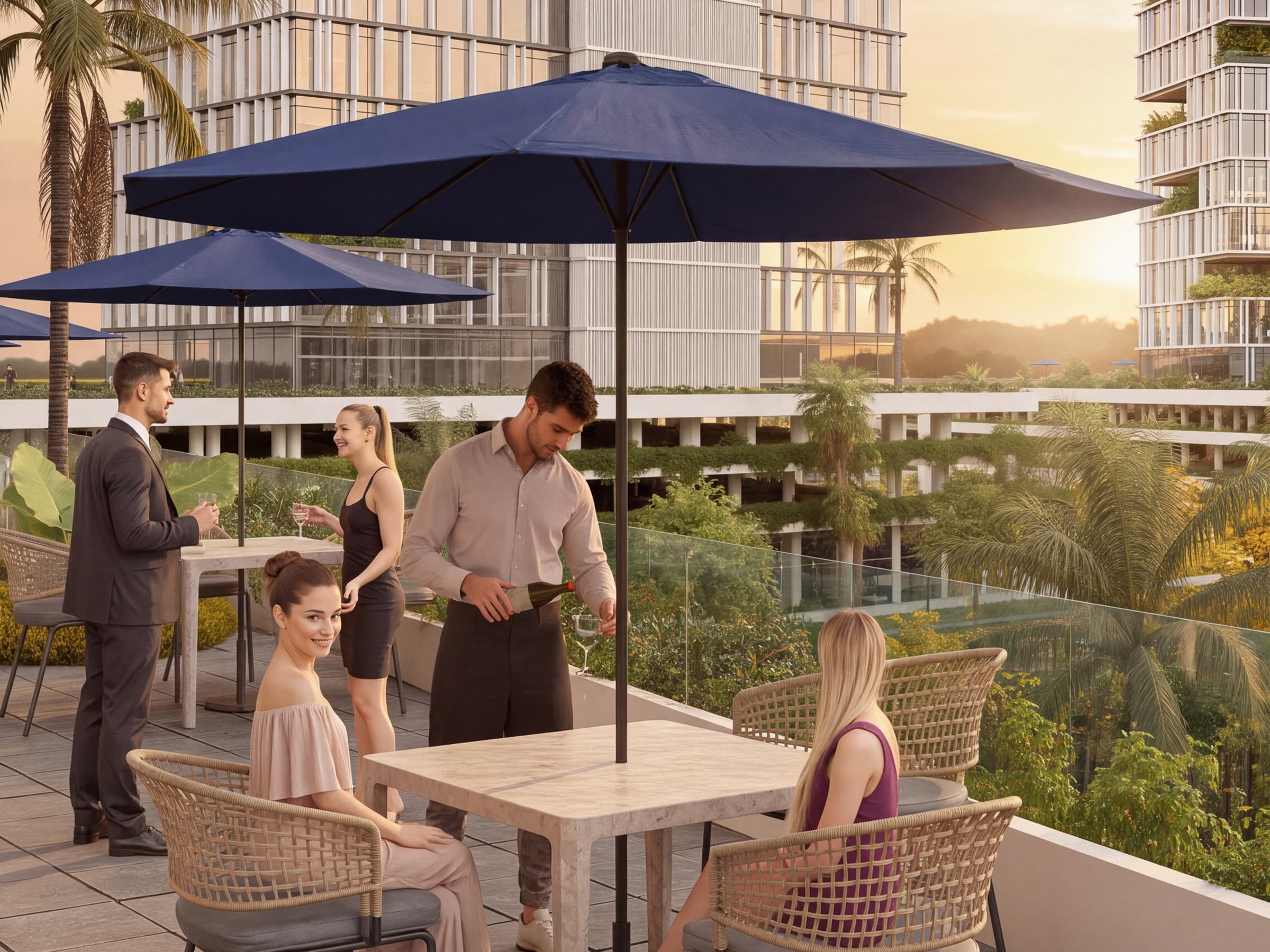 Terraza al atardecer con sombrillas, mesas y personas conversando