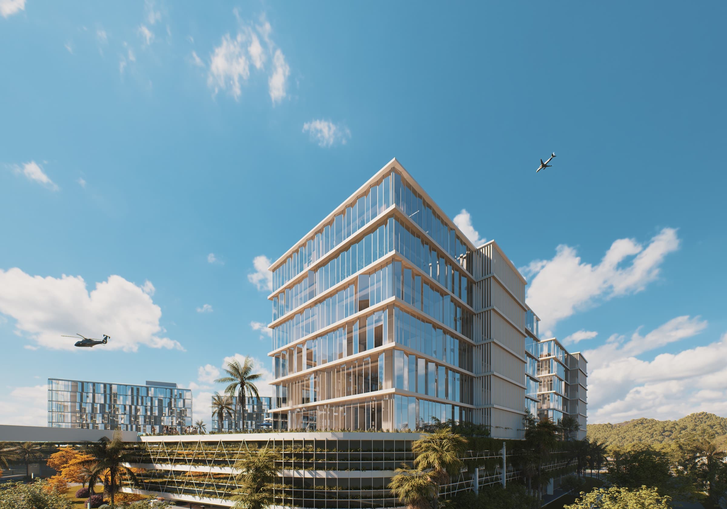 Torre de oficinas del hub vista desde abajo