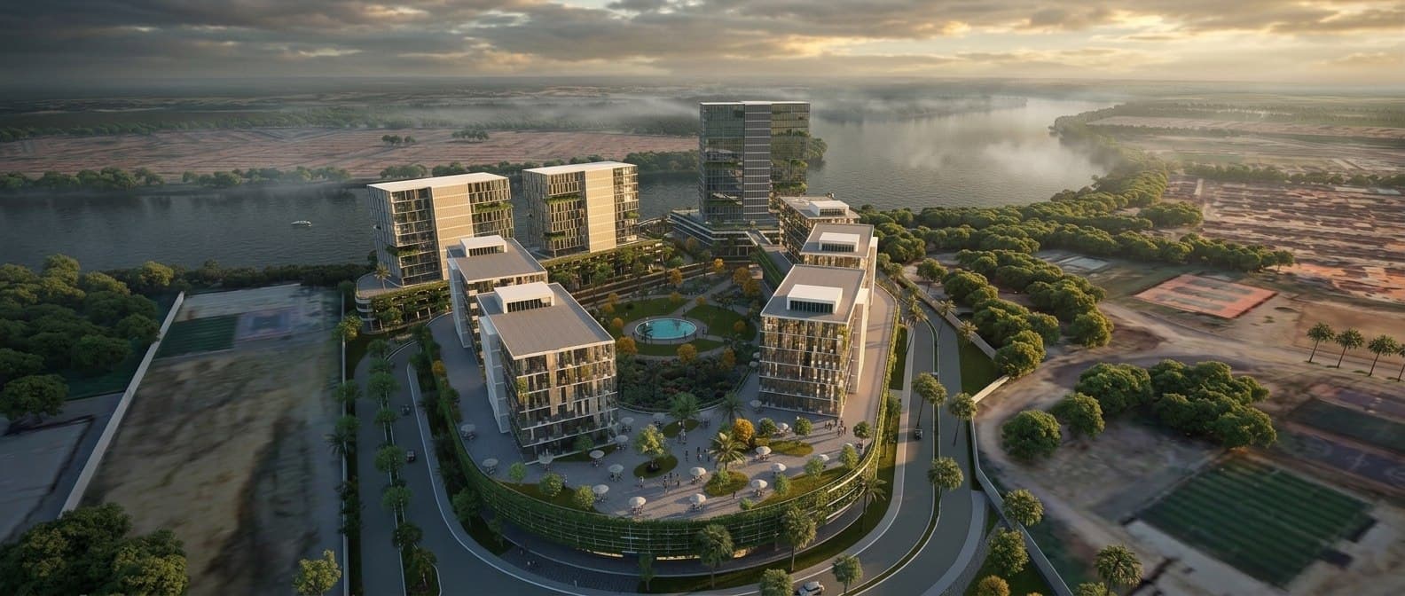 Vista aérea completa de AXIS Business HUB sobre el Río Daule, al amanecer