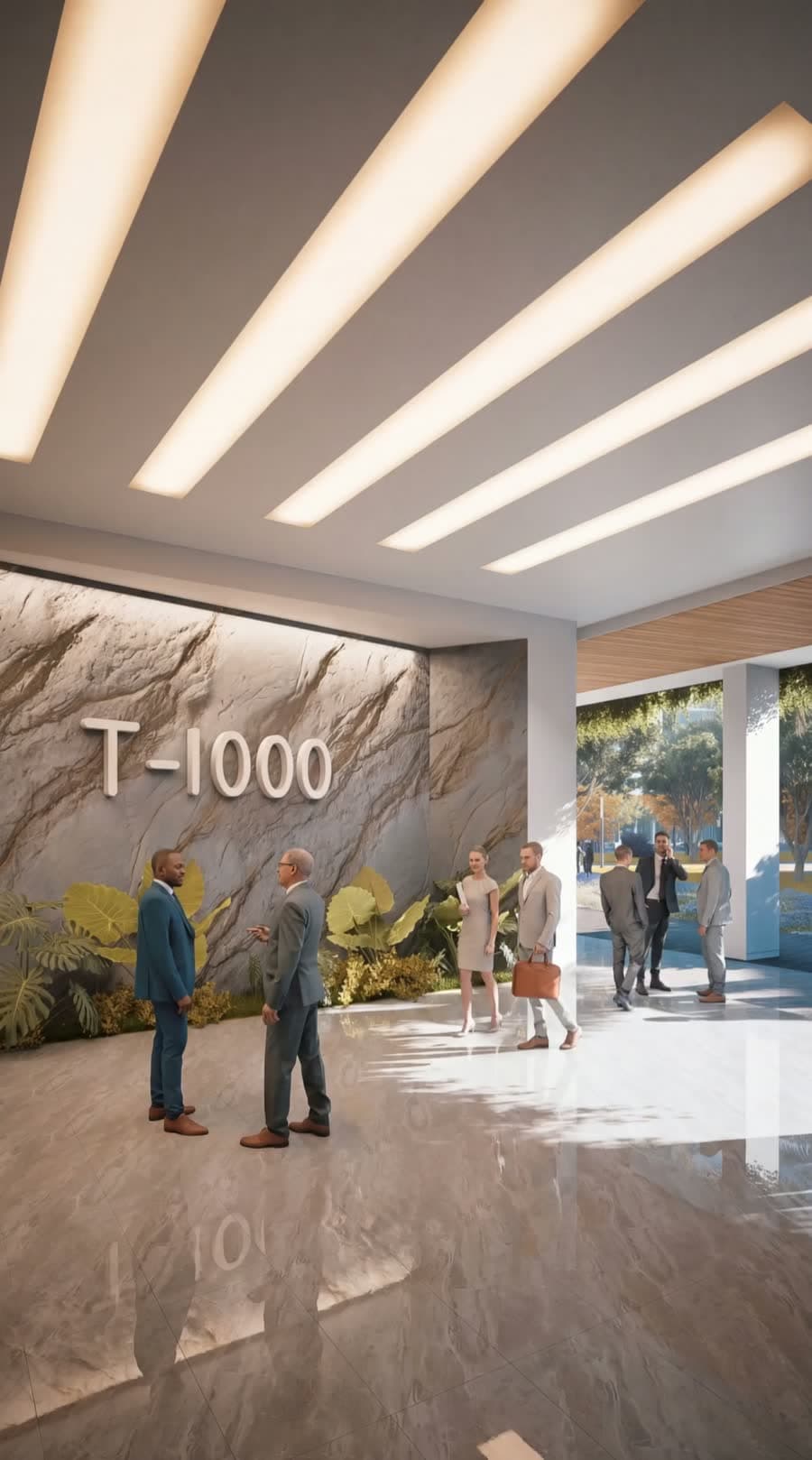 Lobby de la Torre T-1000 con recepción y doble altura